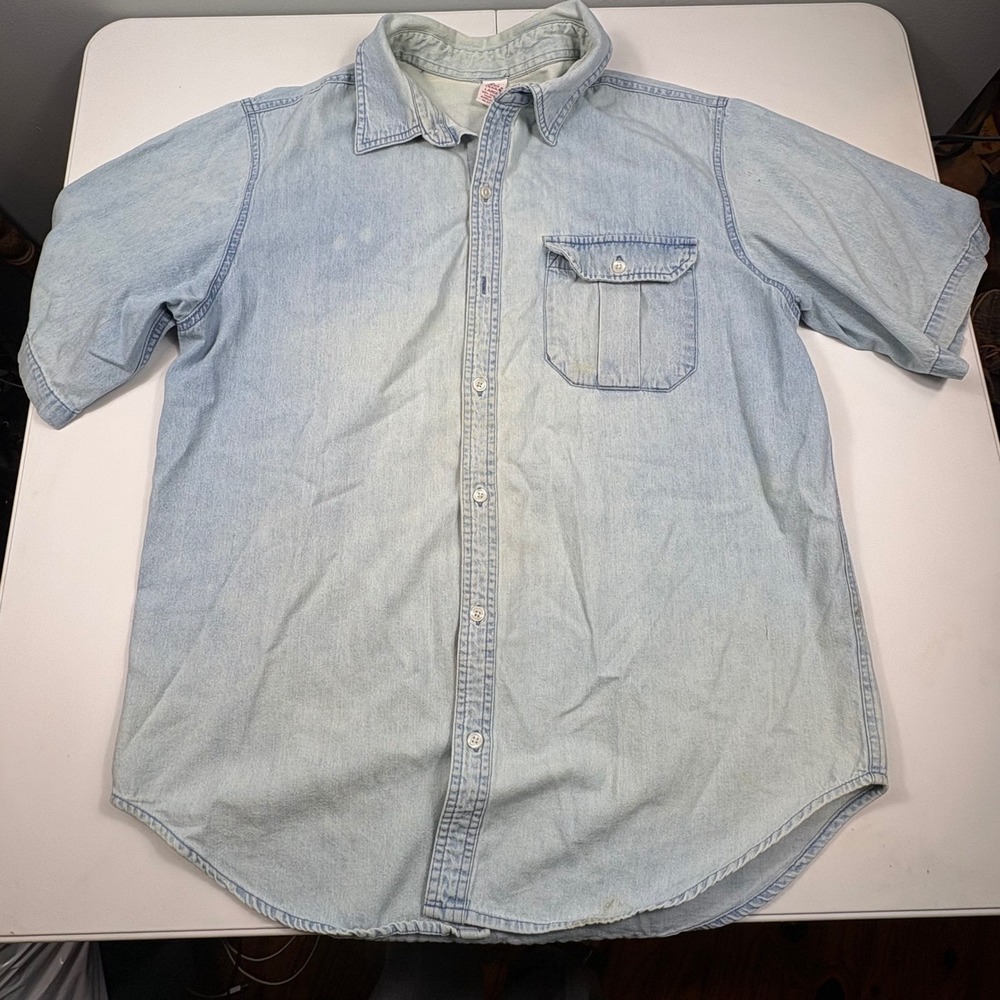 Open Trails Denim Button Down Shirt Light Wash Cotton Workwear Men's L‎